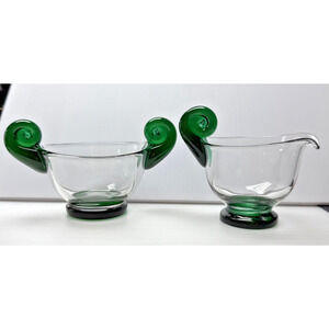 Vintage Fenton Glass Rubel P31 Creamer Sugar Domitz Emerald Scroll Handle As Is